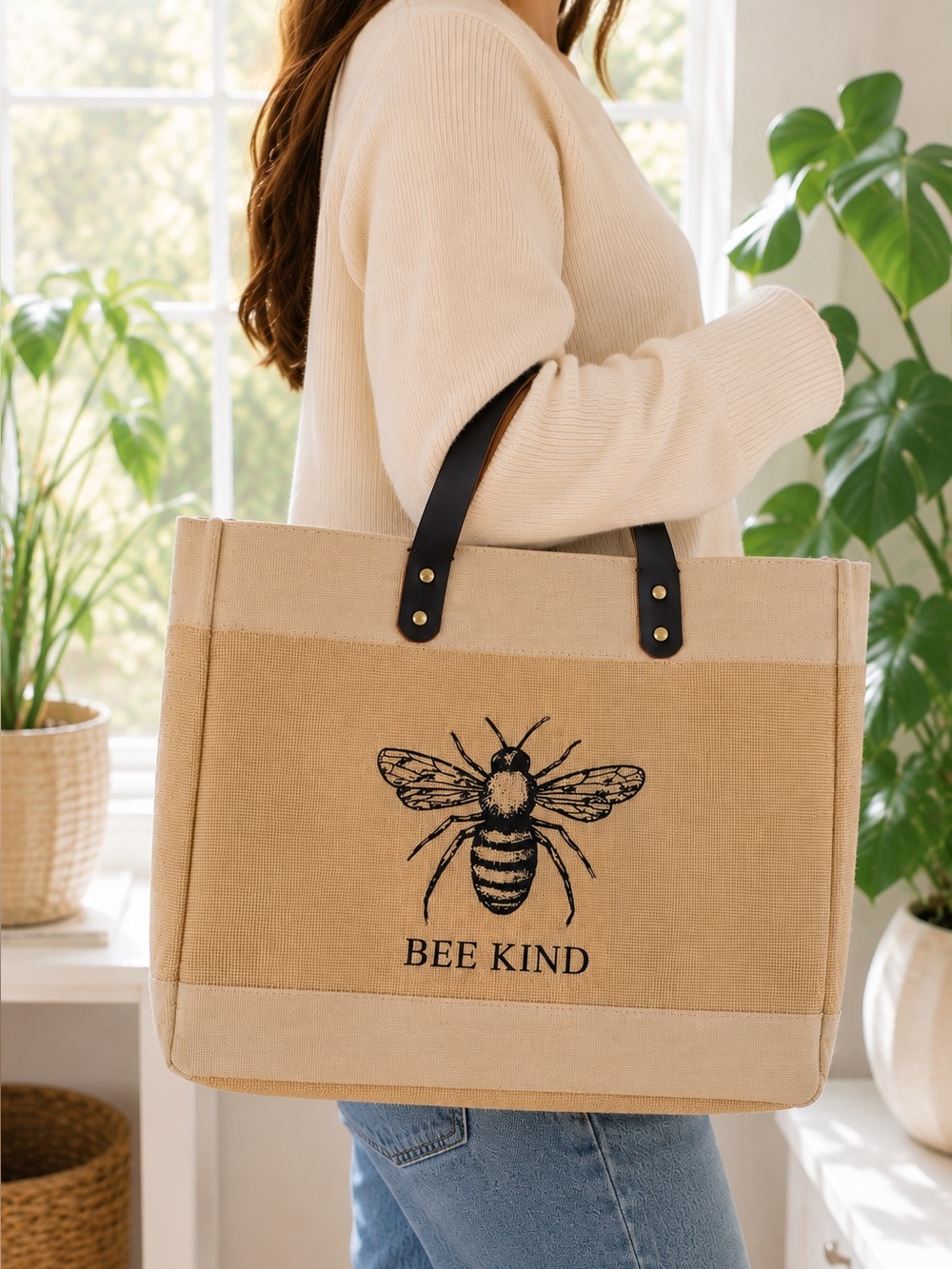 HOUSE & HOME Bee Kind Jute Market Tote Genuine Leather Handles